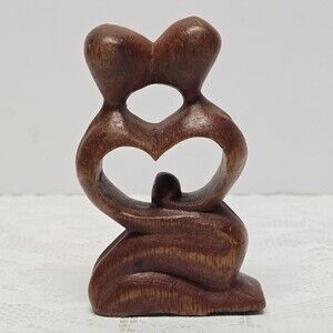 Folk Art Abstract Couple Kissing Lovers Heart Wooden Carved Sculpture Figurine
